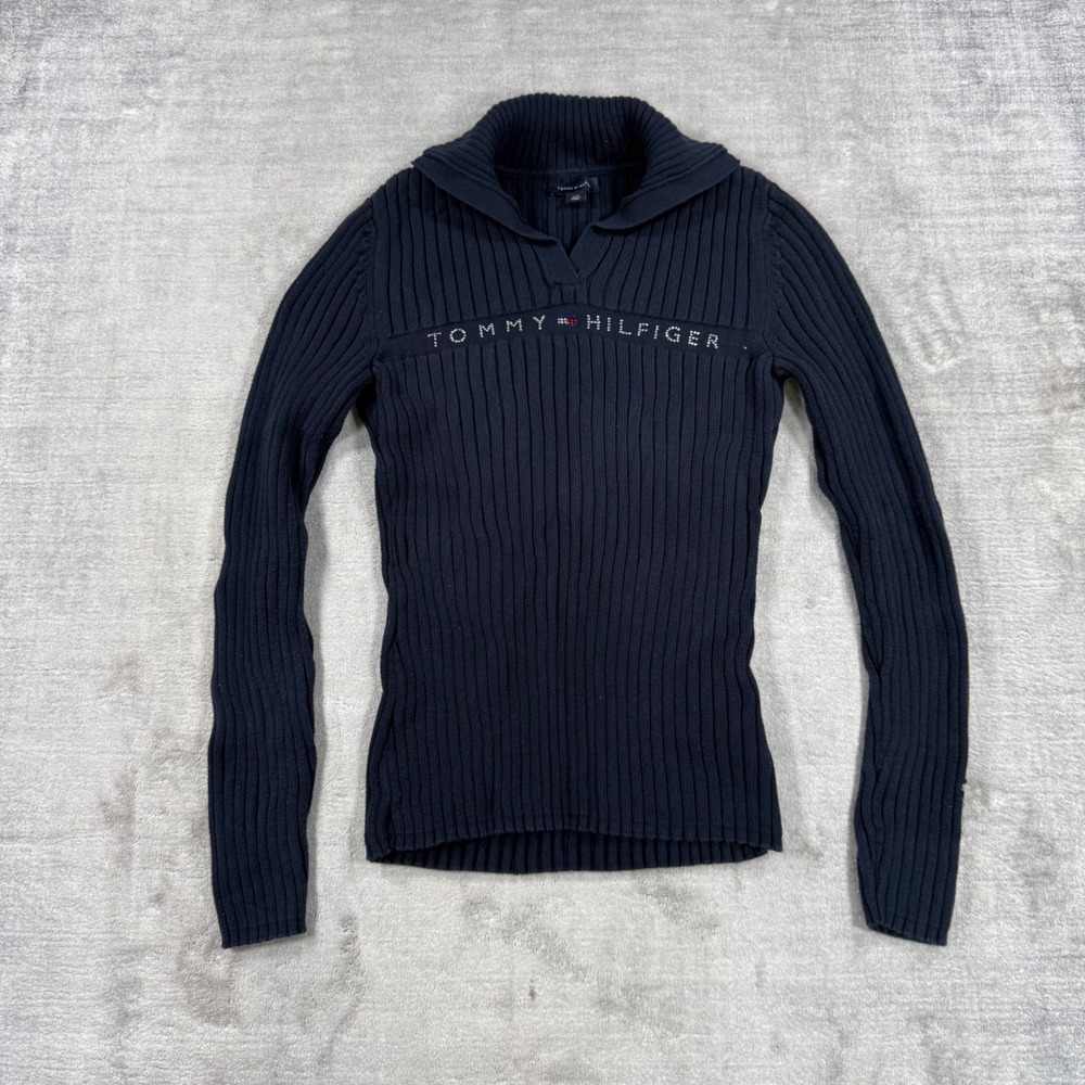 Tommy Hilfiger Sweater Women Small Blue Rhinestone Logo Ribbed Johnny Collar Y2K